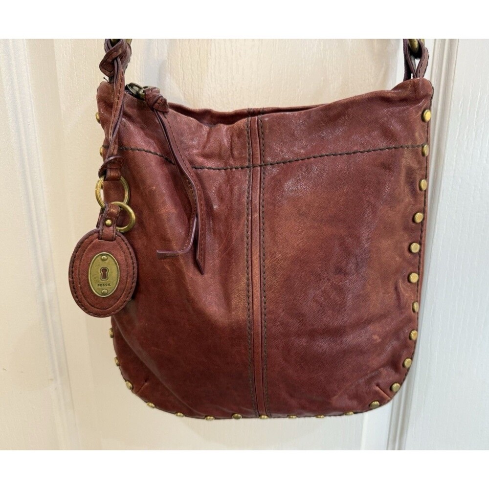 Vintage FOSSIL Satchel Hobo Crossbody Brass Rivets Studs Brown Distressed Boho